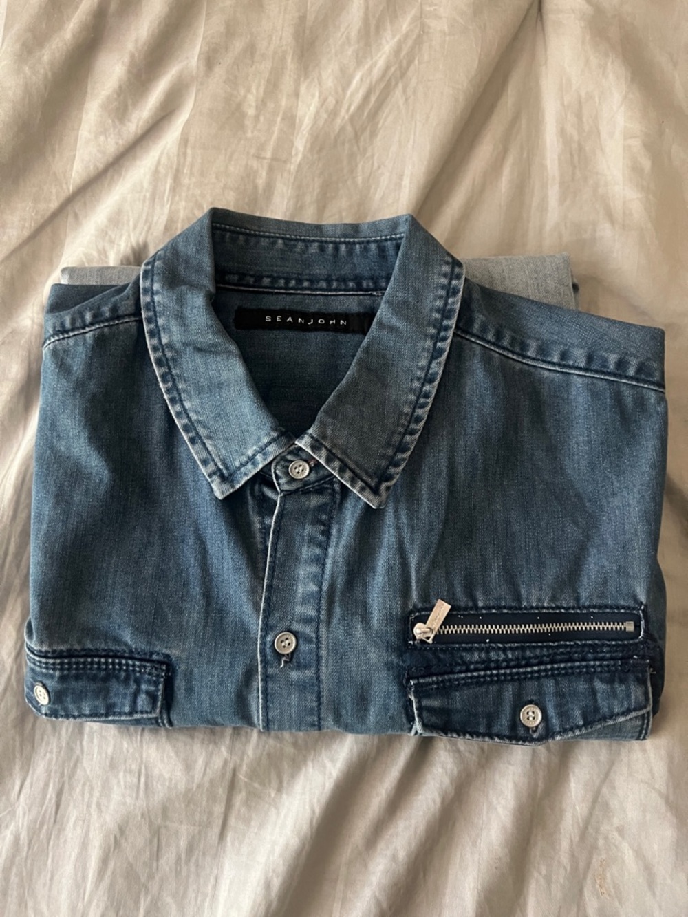 Sean John Men's Blue Denim Short Sleeve Shirt